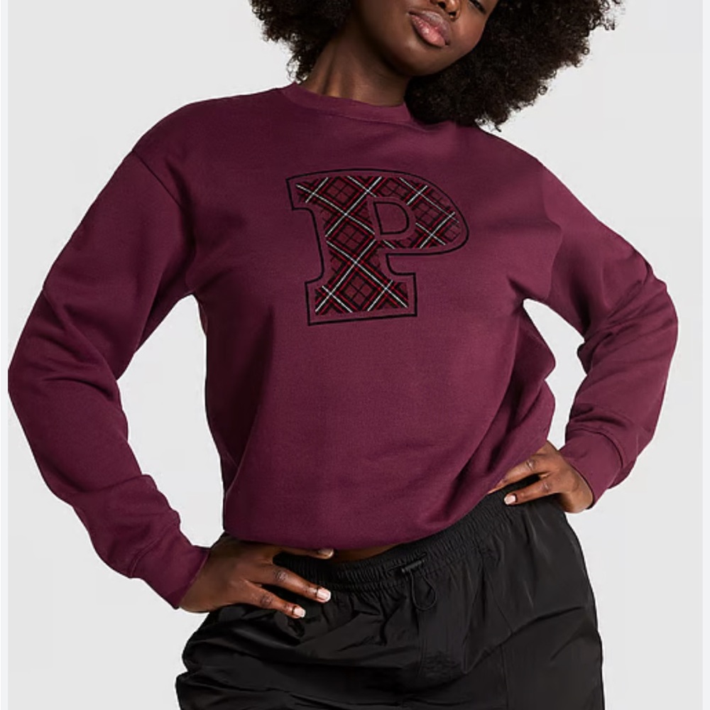 PINK Victoria's Secret Maroon Plaid 'P' Logo Crewneck Sweatshirt